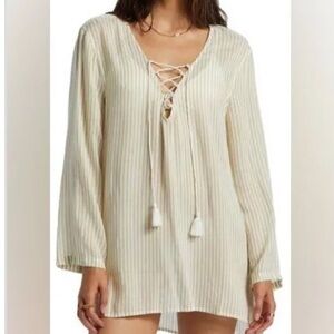 Billabong Lightweight Lace-Up Tunic Cover Up Top Striped in Cream and White